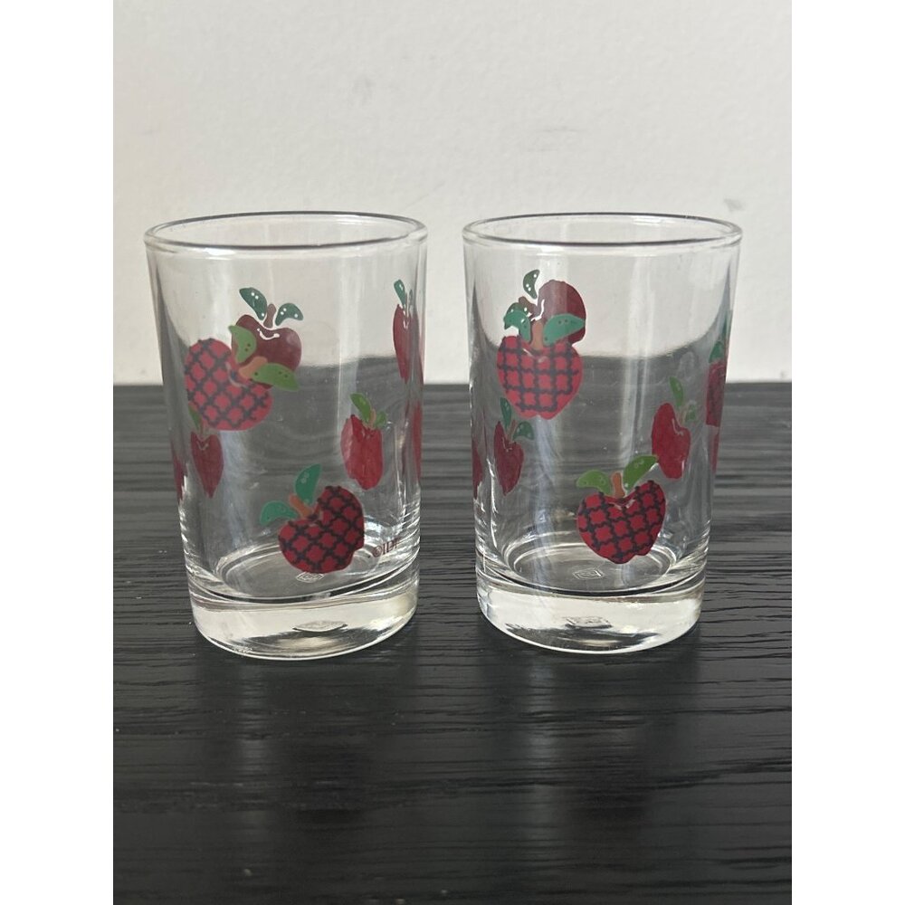 VTG Set Of 2 Anchor Hocking Drinking Glasses Red Apple Print Juice Cottage Core